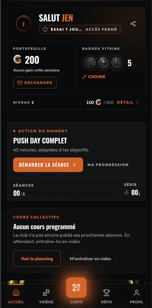 Member app home: GymCoins wallet, badges and current session