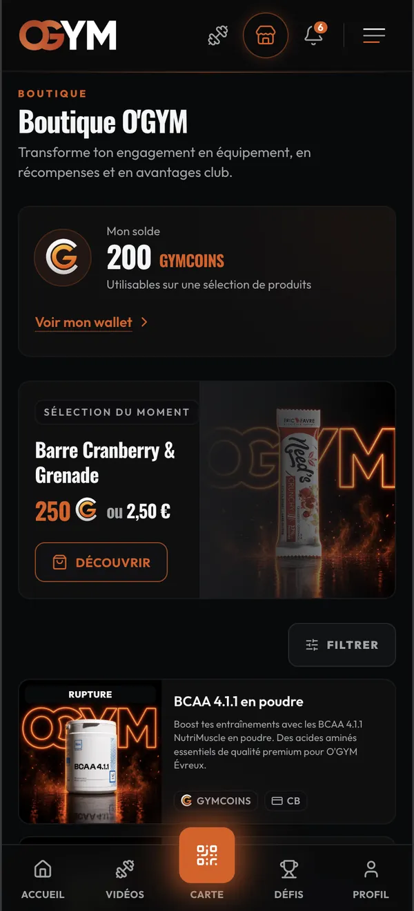 O'GYM shop with GymCoins balance