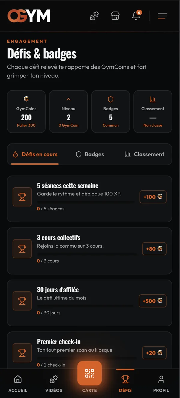 Challenges and badges screen in the member app