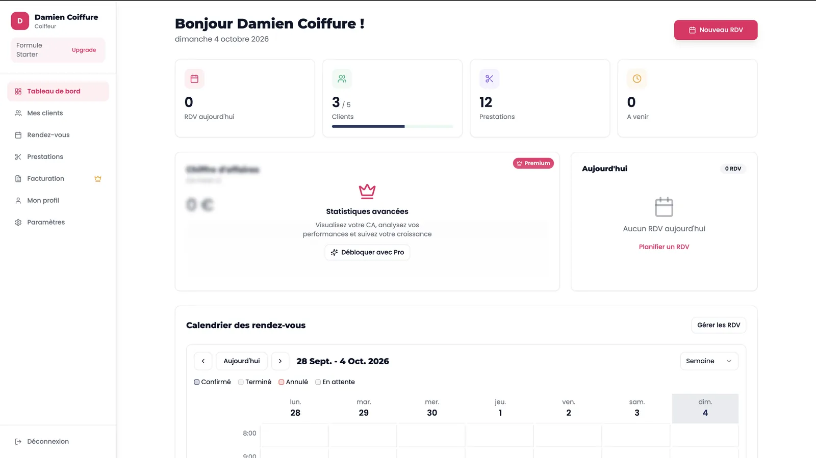 A professional's dashboard: appointments, clients and calendar